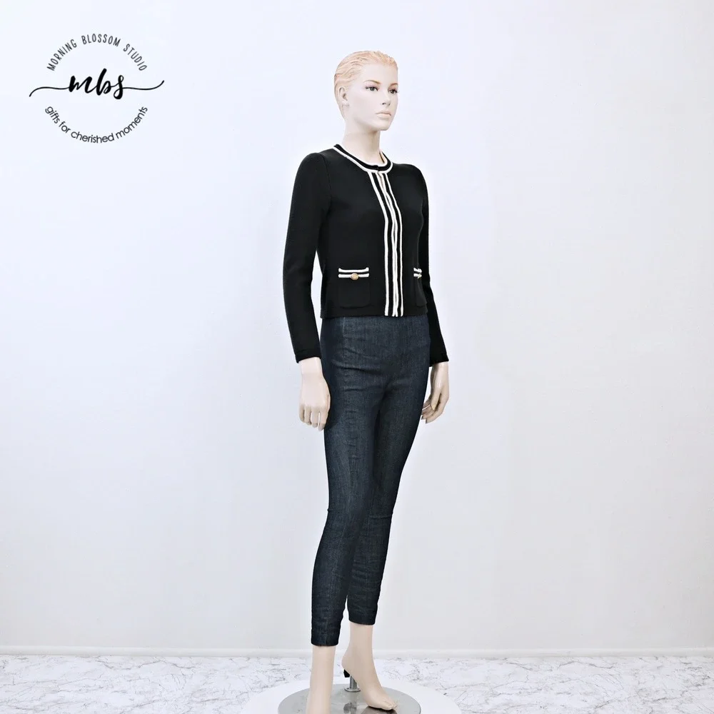 J. Crew Emilie Contrast Trim‎ Gold Button Sweater Jacket Black White Women XXS